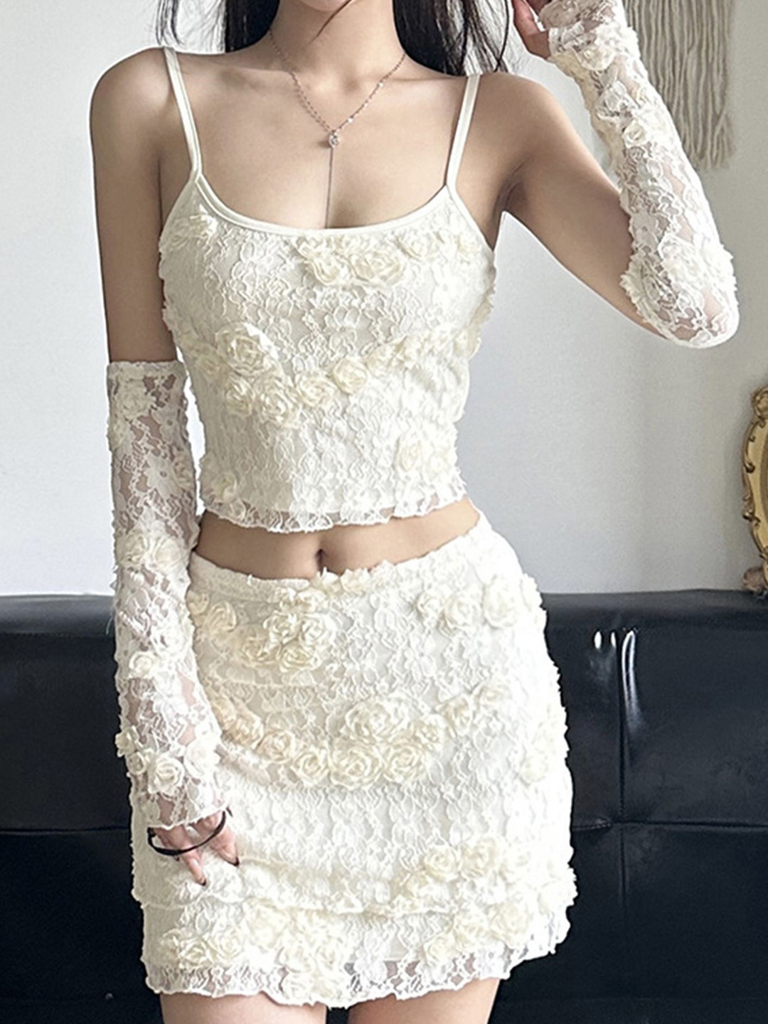 

LULU & SKY Self-Designed Shoulder Straps Sleeveless Top, Skirts & Gloves, Off white