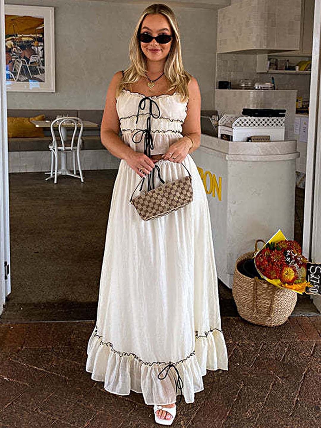 

LULU & SKY Square Neck Sleeveless Frill-trim Top & Flounce Maxi Skirt, Beige