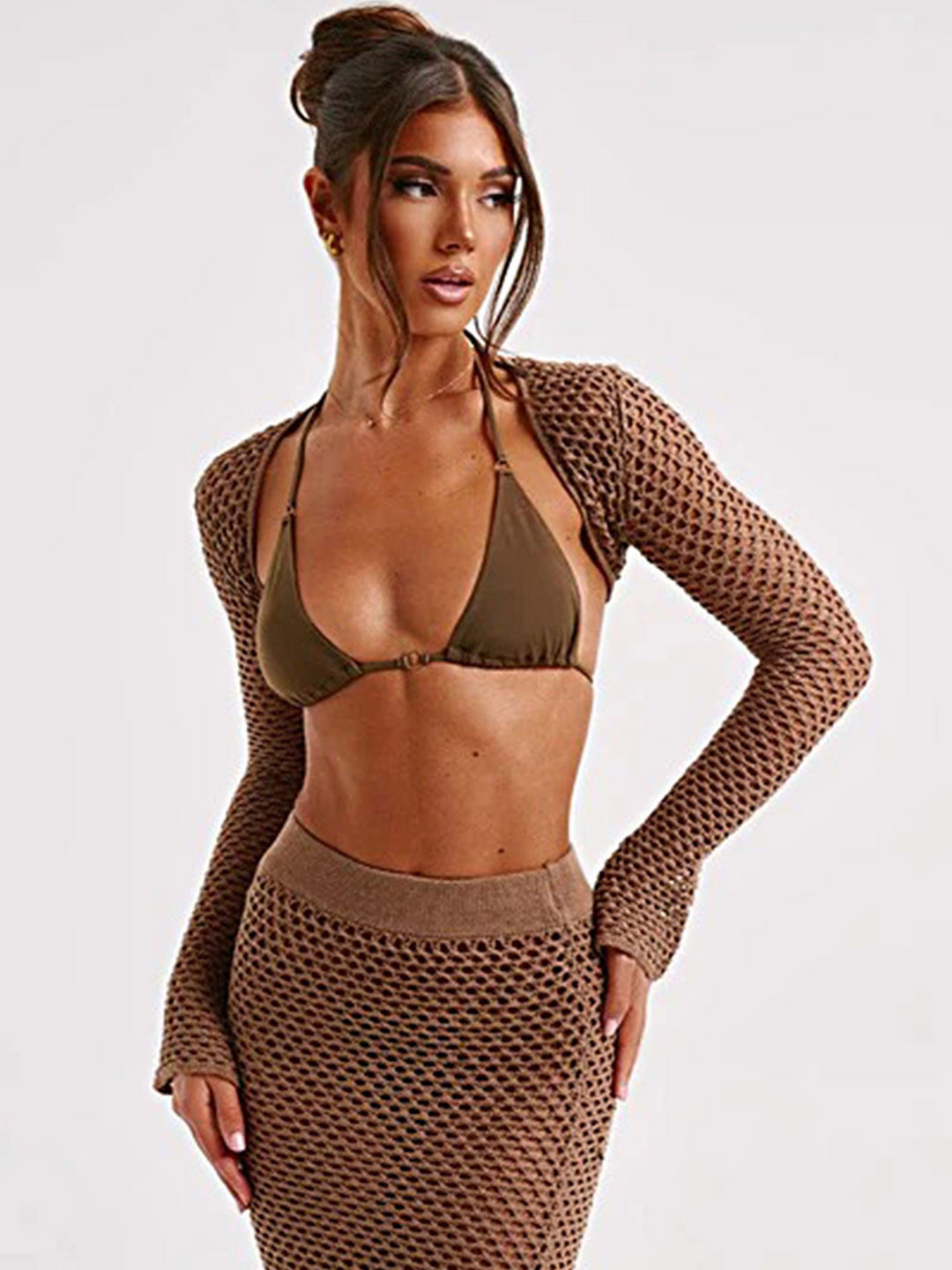 

LULU & SKY Self Design Shoulder Straps Sleeveless Hollow-knit Bolero & Maxi Skirt, Brown