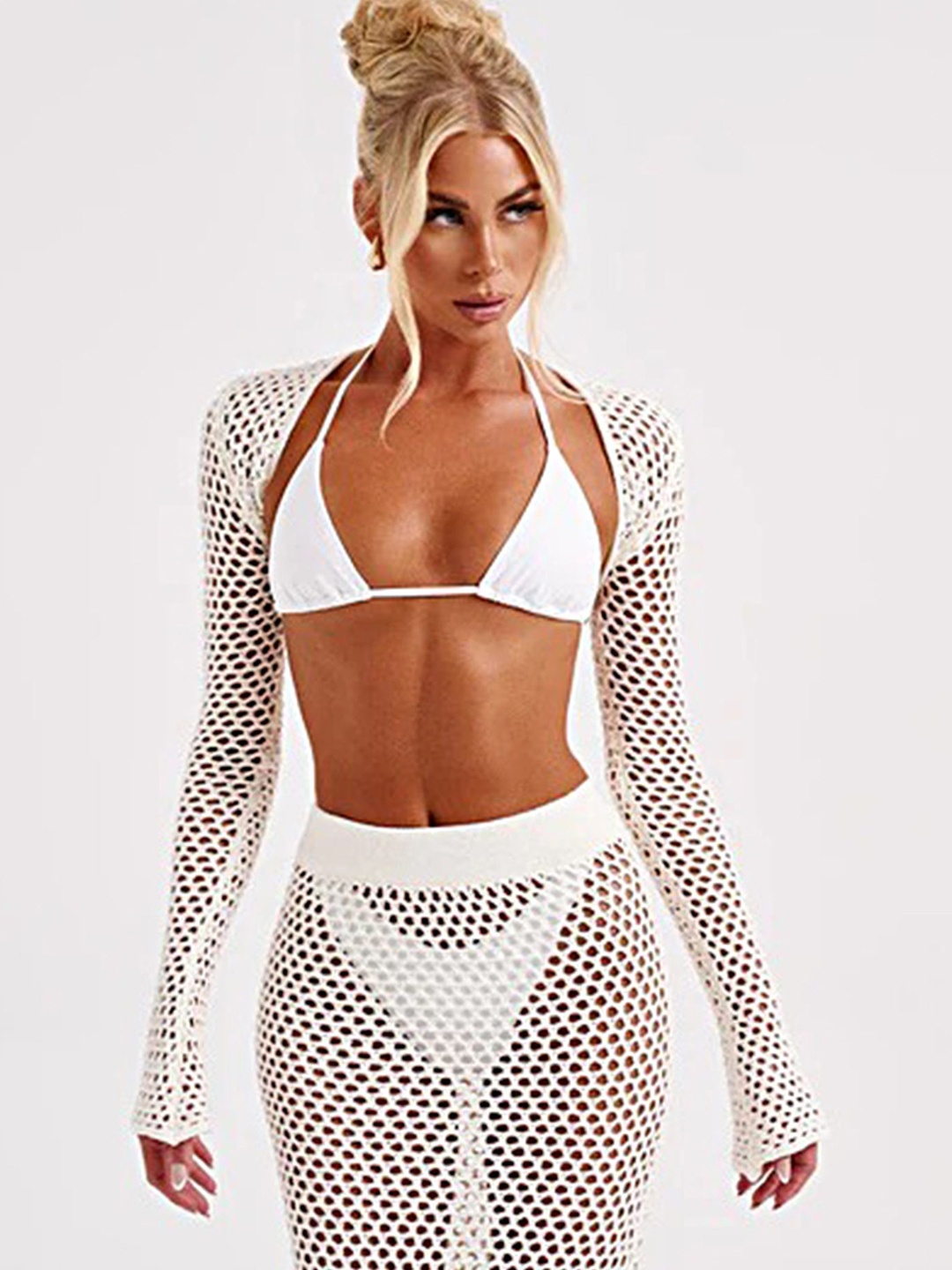 

LULU & SKY Self Design Hollow-knit Bolero With Maxi Skirt, White