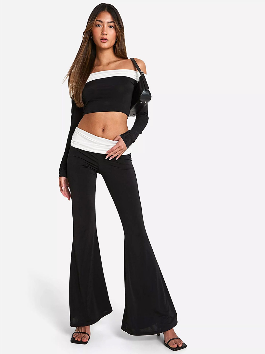 

LULU & SKY Colourblocked off-Shoulder Crop Top With Flared Trousers, Black