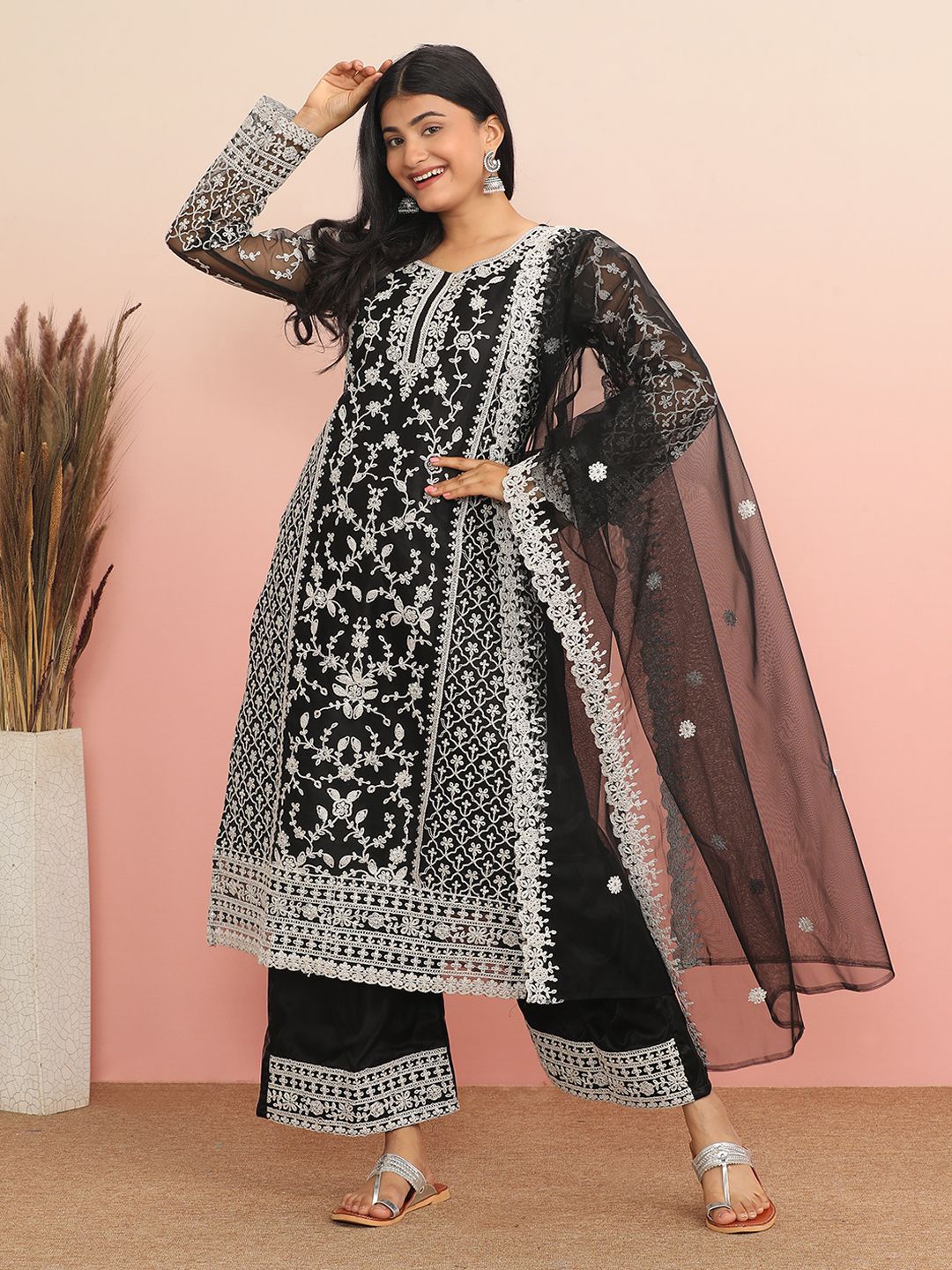 

MAHALASA Floral Embroidered Unstitched Dress Material, Black