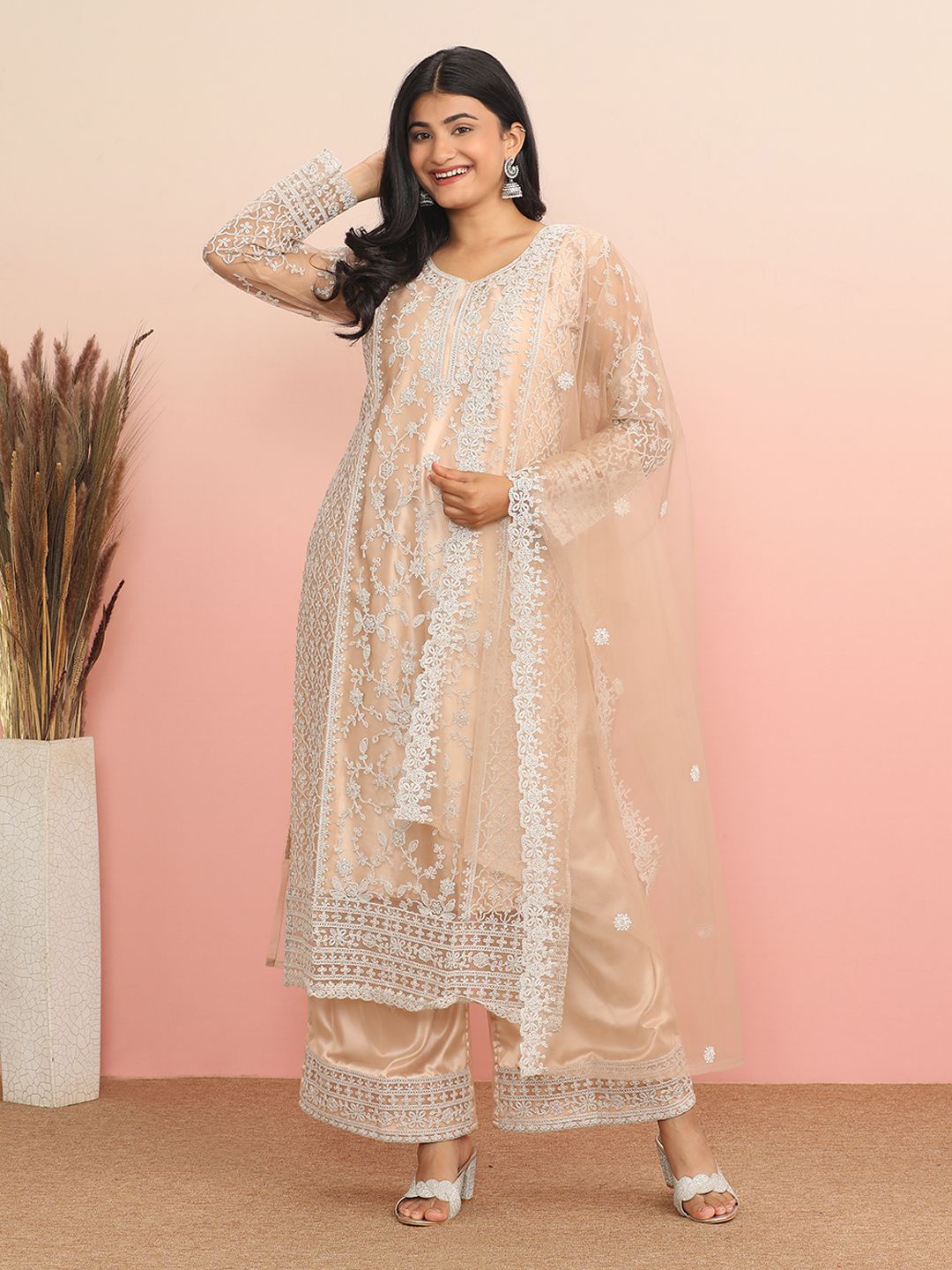 

MAHALASA Floral Embroidered Unstitched Dress Material, Beige