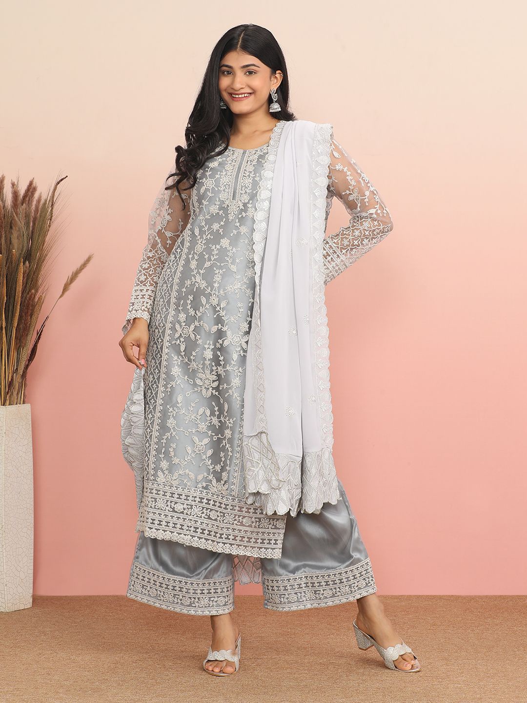 

MAHALASA Floral Embroidered Unstitched Dress Material, Grey