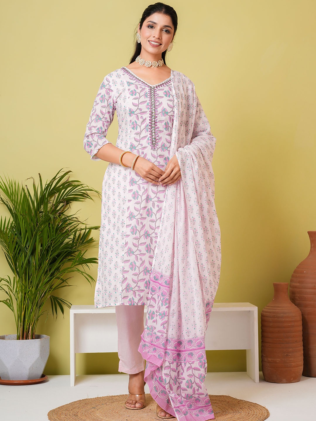 

ZOYOTO Floral Printed Thread Work Pure Cotton Straight Kurta With Trousers & Dupatta, Pink
