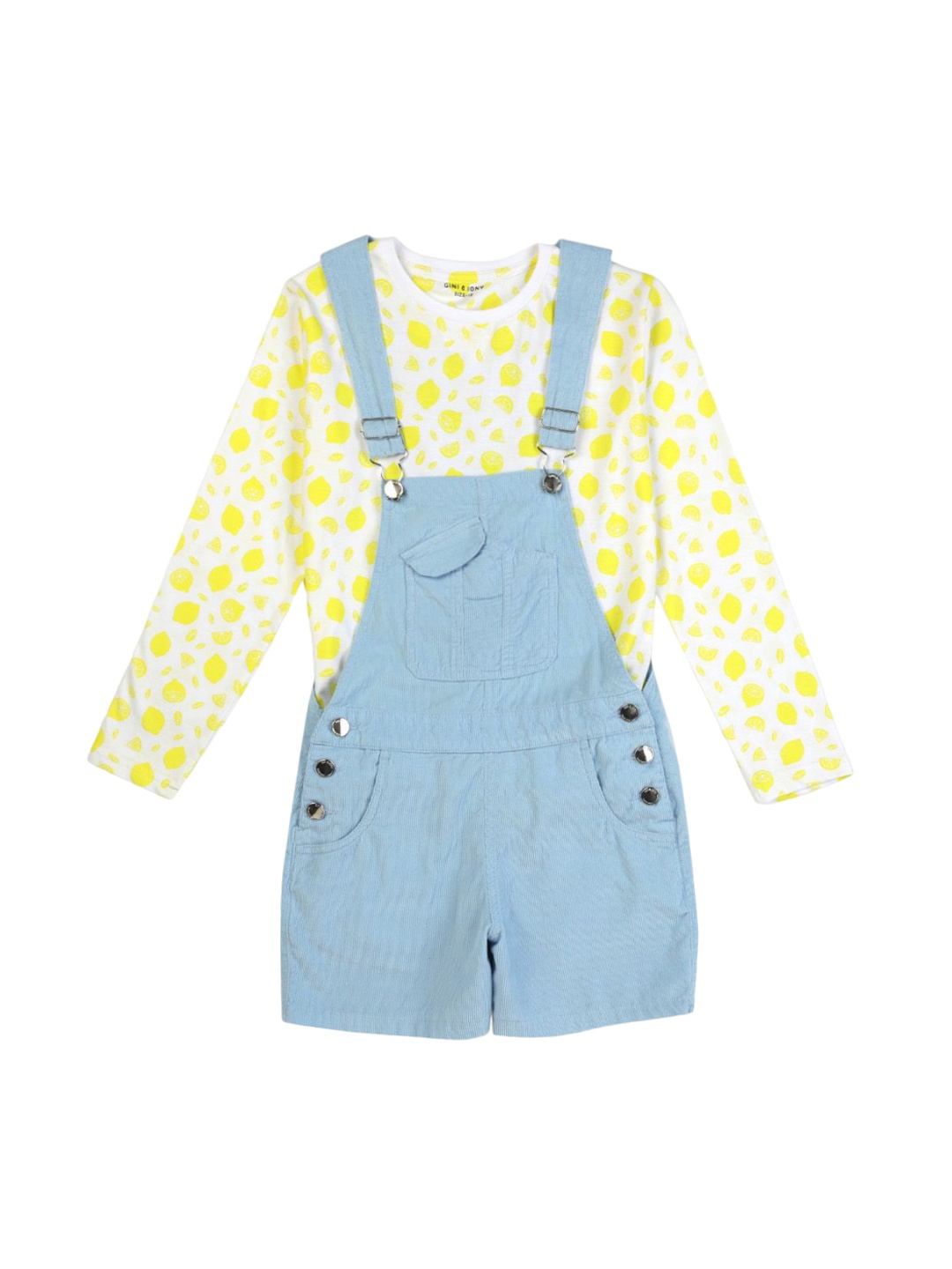 

Gini and Jony Girls Printed Denim Dungarees, Blue