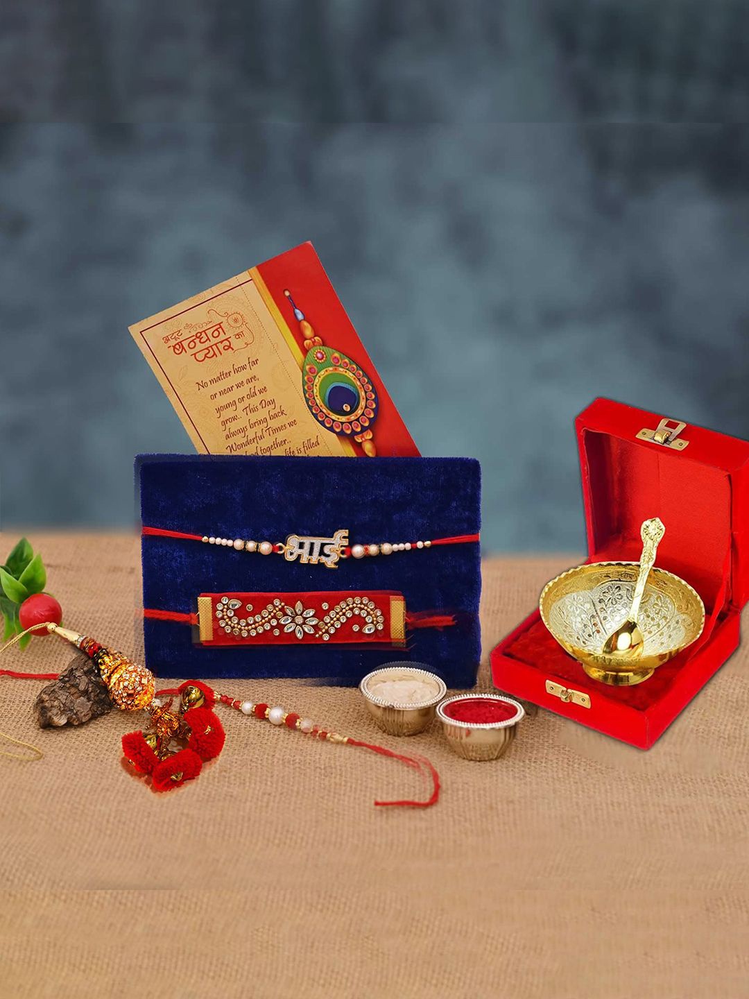

CraftVatika Unisex Set Of 4 Rakhi With Bowl Gift Set, Gold