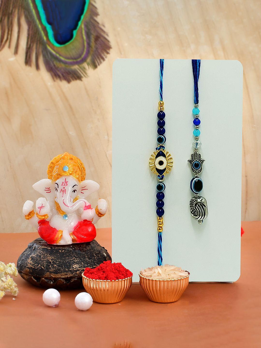 

CraftVatika Unisex Set O 2 Evil Eye Bhaiya & Bhabhi Rakhi & Showpiece Gift Set, Blue