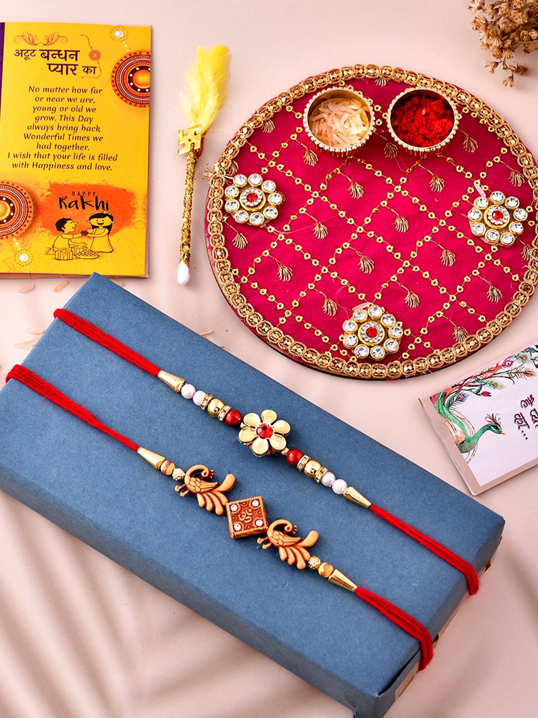 

CraftVatika Set Of 4 Rakhi With Pooja Thali Gift Set, Red