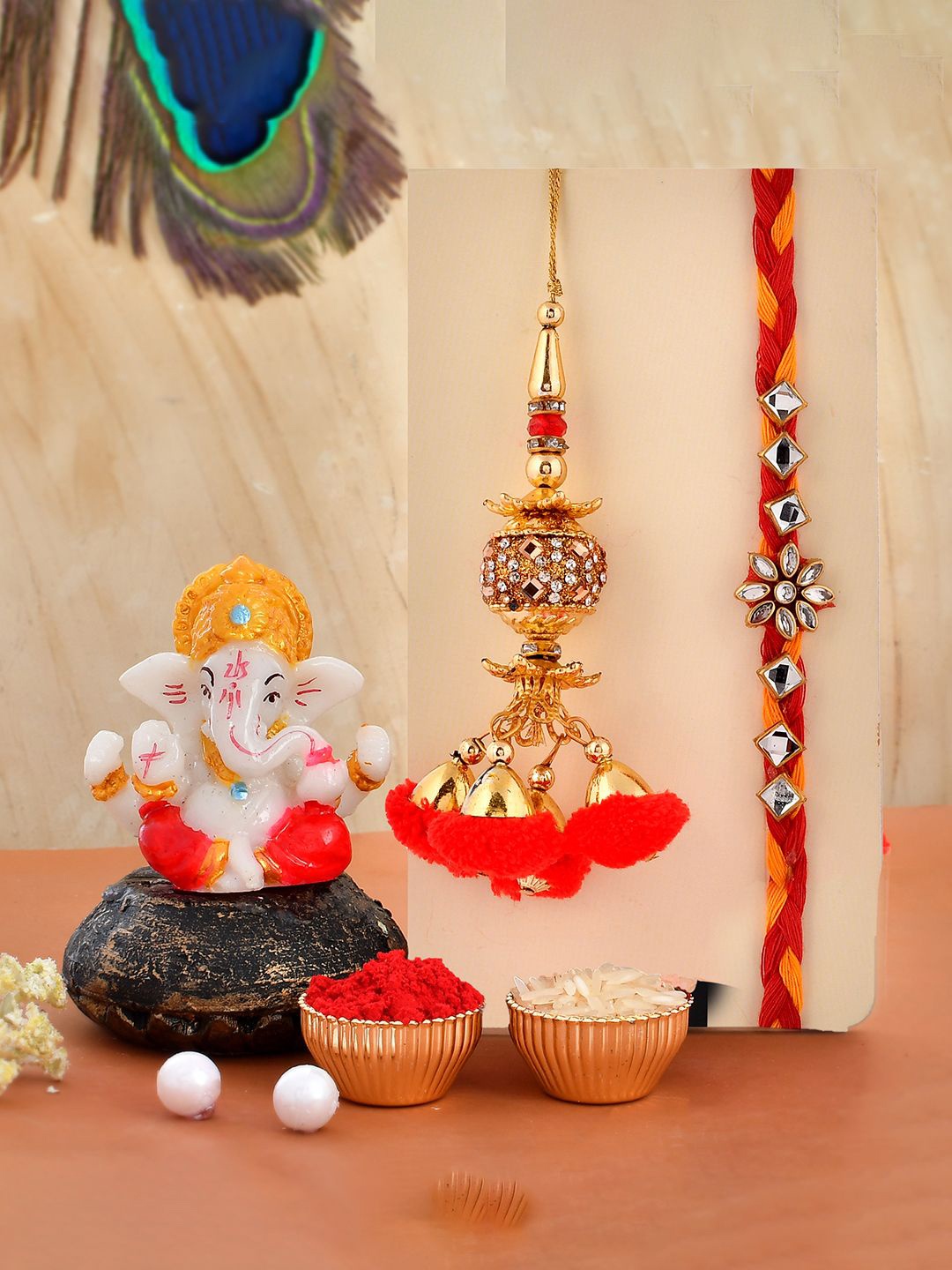 

CraftVatika Set Of 2 Rakhi With Showpiece Gift Set, Red