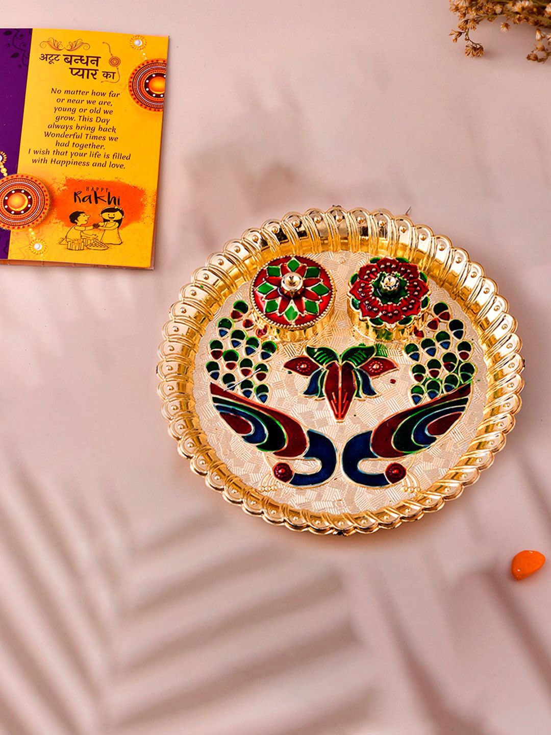 

CraftVatika Set Of 5 Evil-Eye Charm Rakhi With Pooja Thali & Roli Chawal, Gold