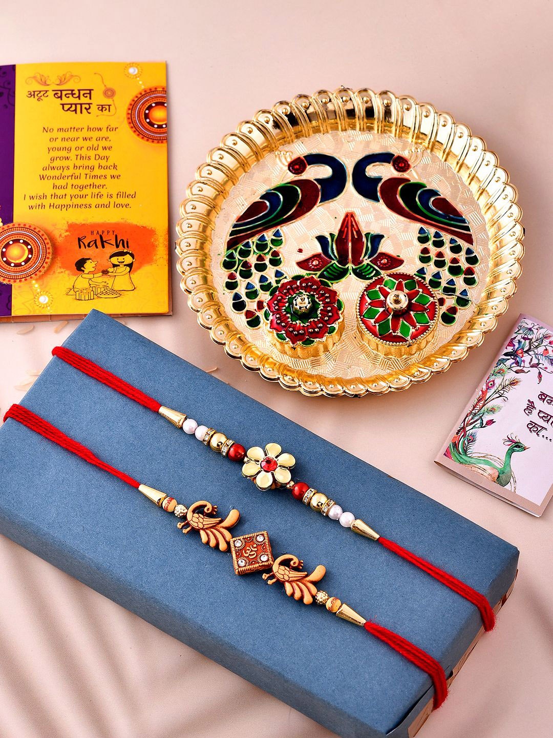 

CraftVatika Set Of 5 Rakhis With Puja Thali & Greeting Card, Red