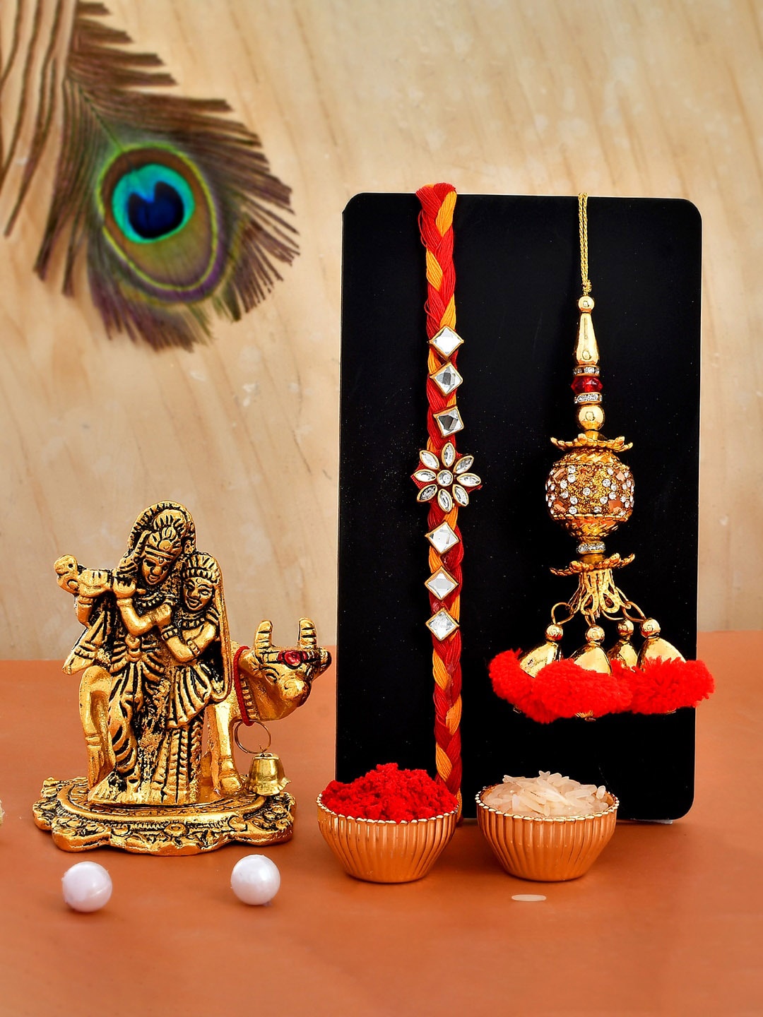 

CraftVatika Set Of 3 Stone Studded Rakhi With Radha Krishna Gift Set, Red