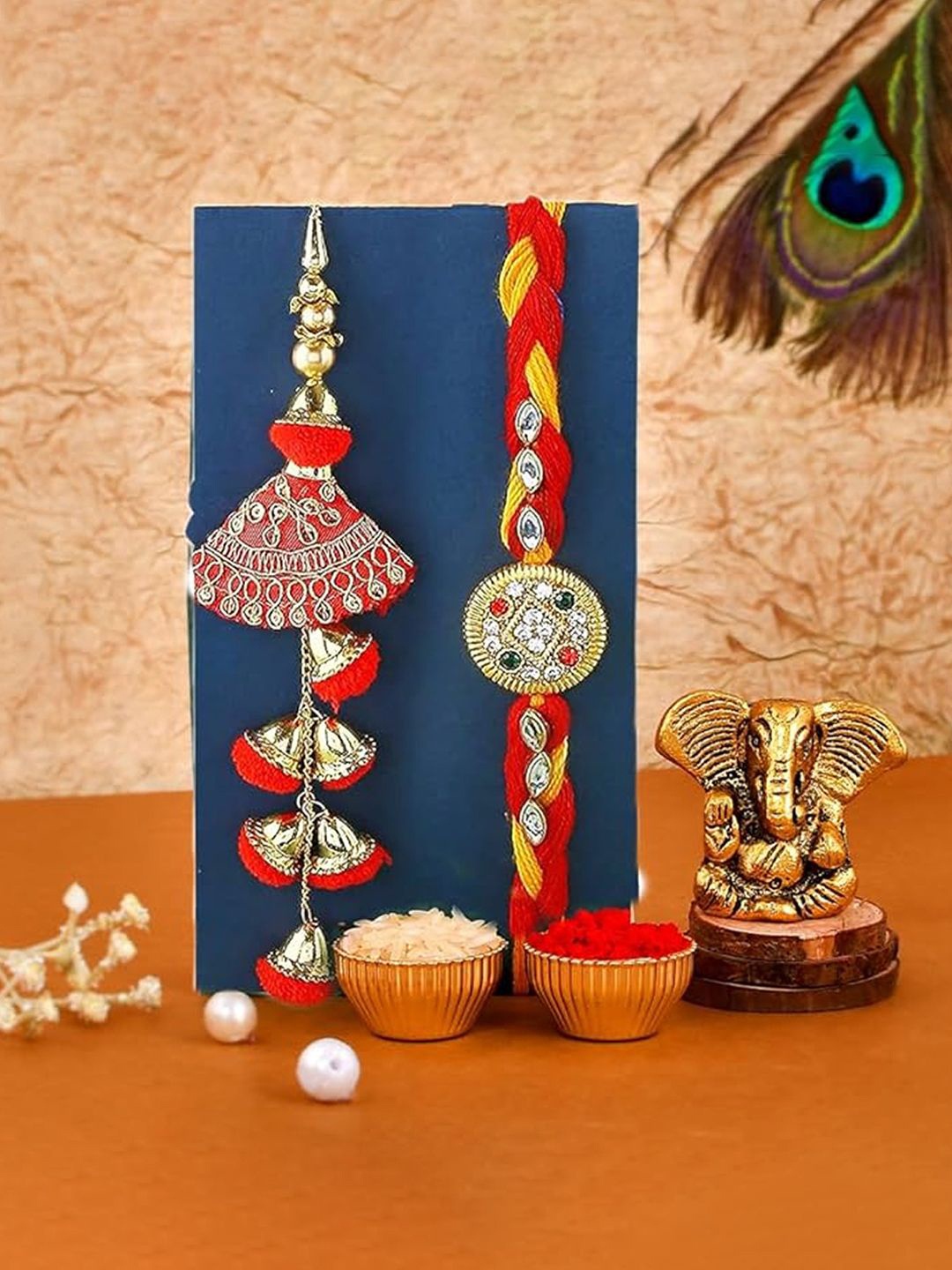 

CraftVatika Set Of 3 Rakhi With Showpiece & Roli Chawal, Red