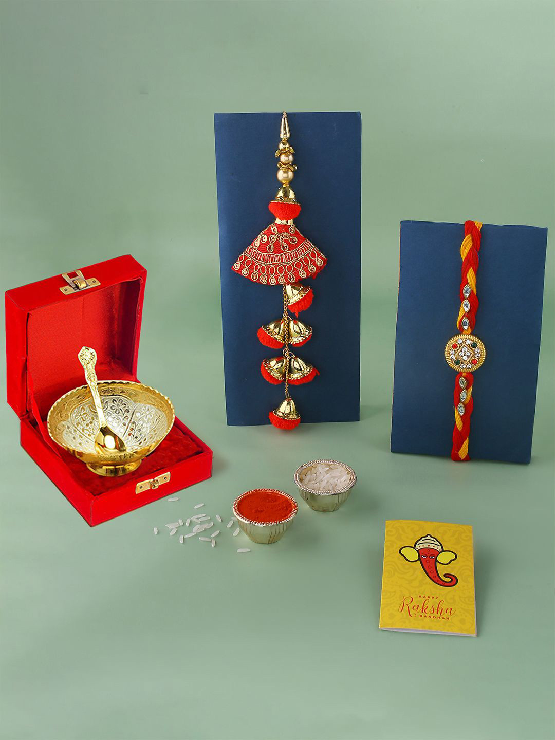

CraftVatika Set Of 3 Rakhis with Bowl & Greetings Card with Roli Chawal, Red