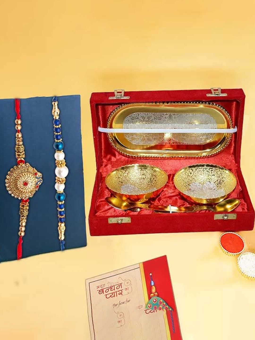 

CraftVatika Set of 4 Rakhis With Bowl & Greetings Card with Roli Chawal, Red
