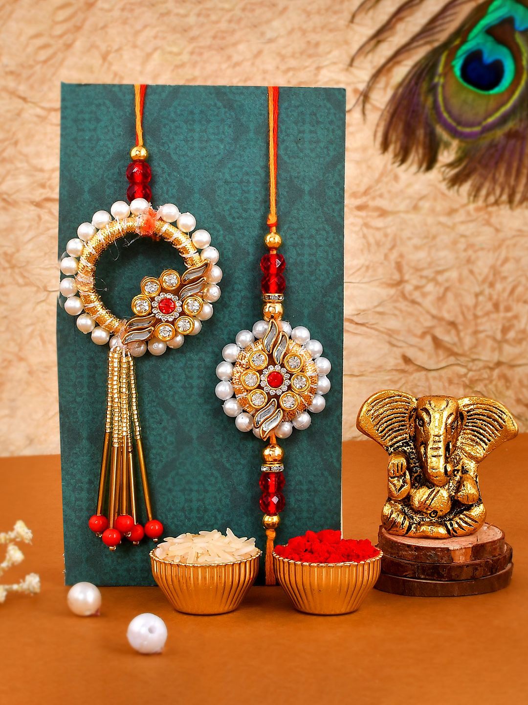 

CraftVatika Set Of 23Rakhi With Lord Ganesh Idol & Greetings Card, Gold