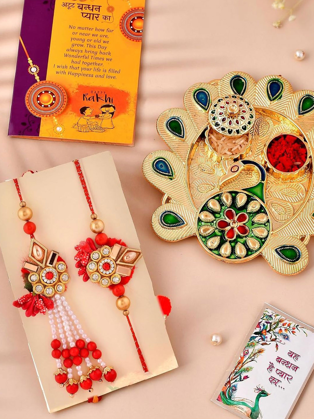 

CraftVatika Set Of 3 Rakhi with Pooja Thali & Greetings Card with Roli Chawal, Red