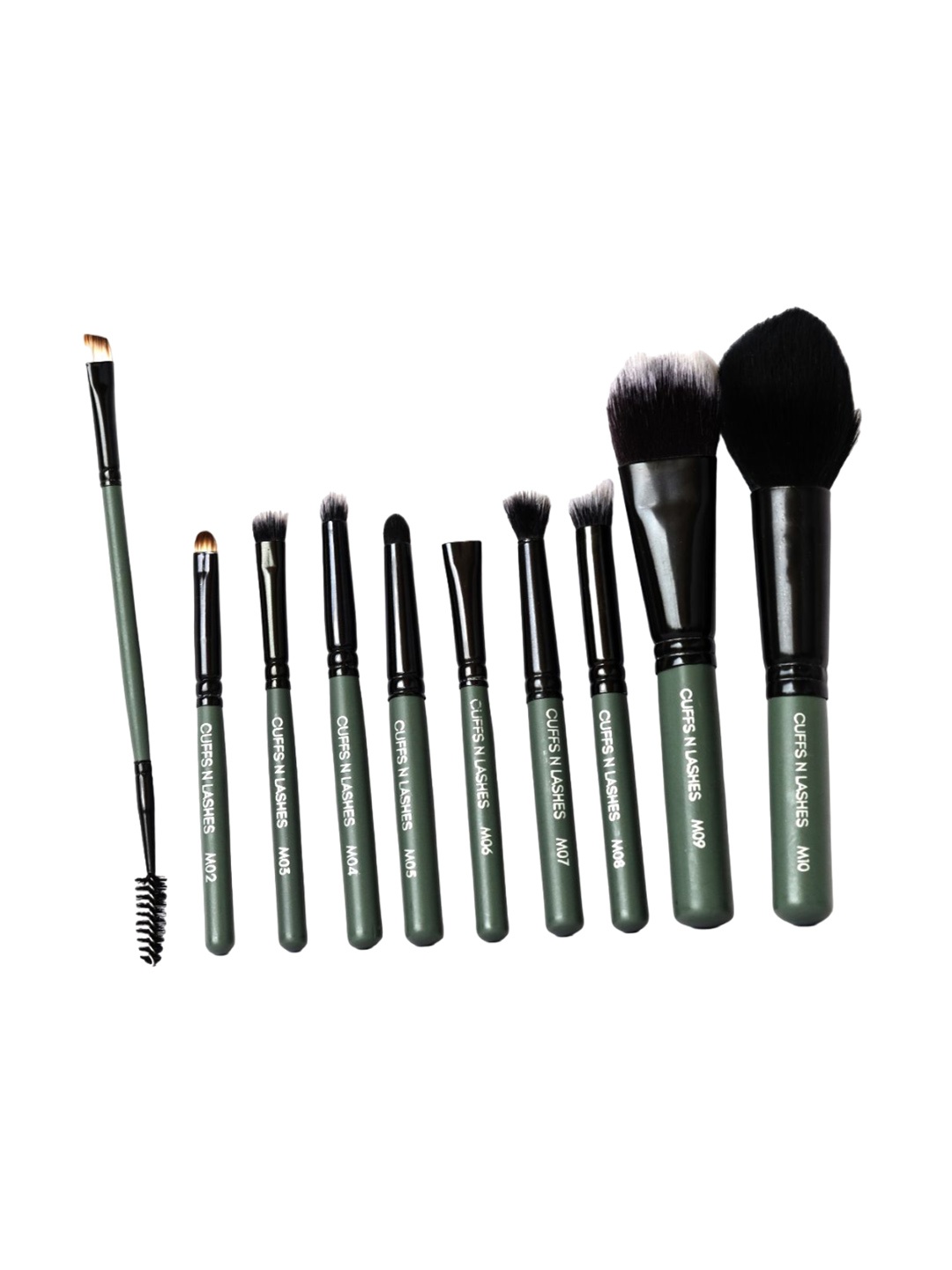 

CUFFS N LASHES Set Of 10 Mini Makeup Brushes Set, Green