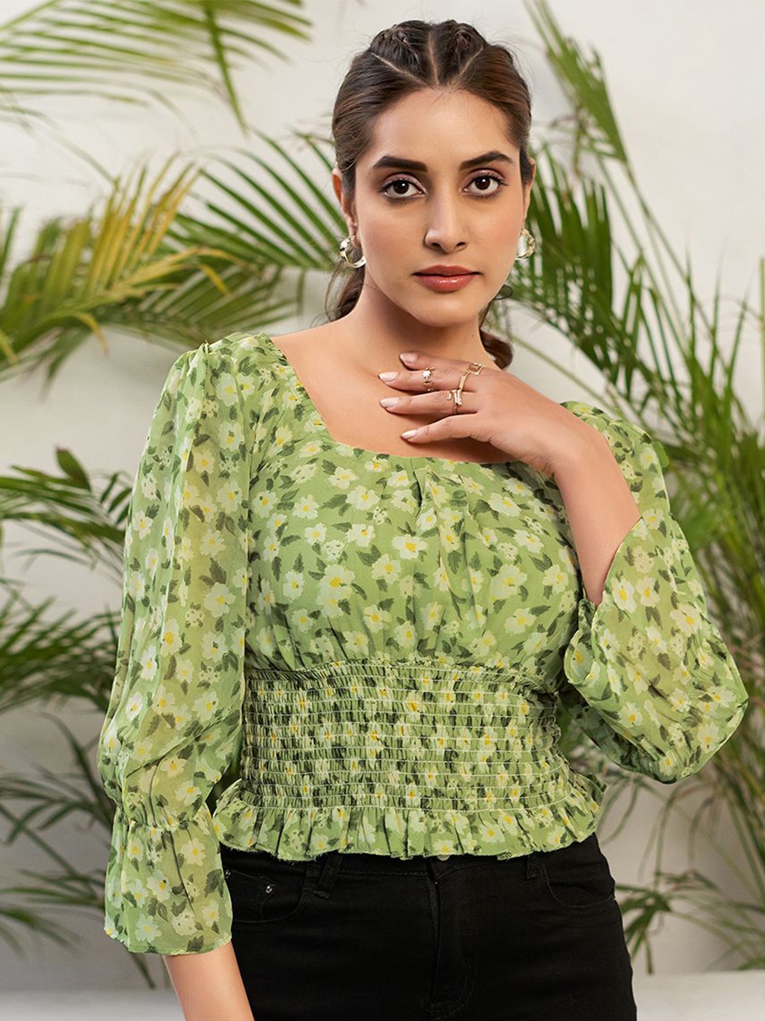 

Selvia Floral Printed Bell Sleeve Georgette Blouson Top, Green