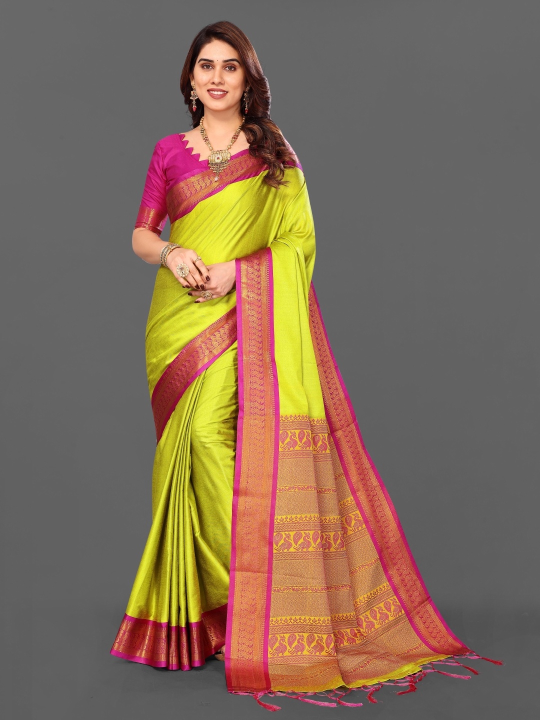 

Paramparik Textile Woven Design Zari Ikat Saree, Lime green