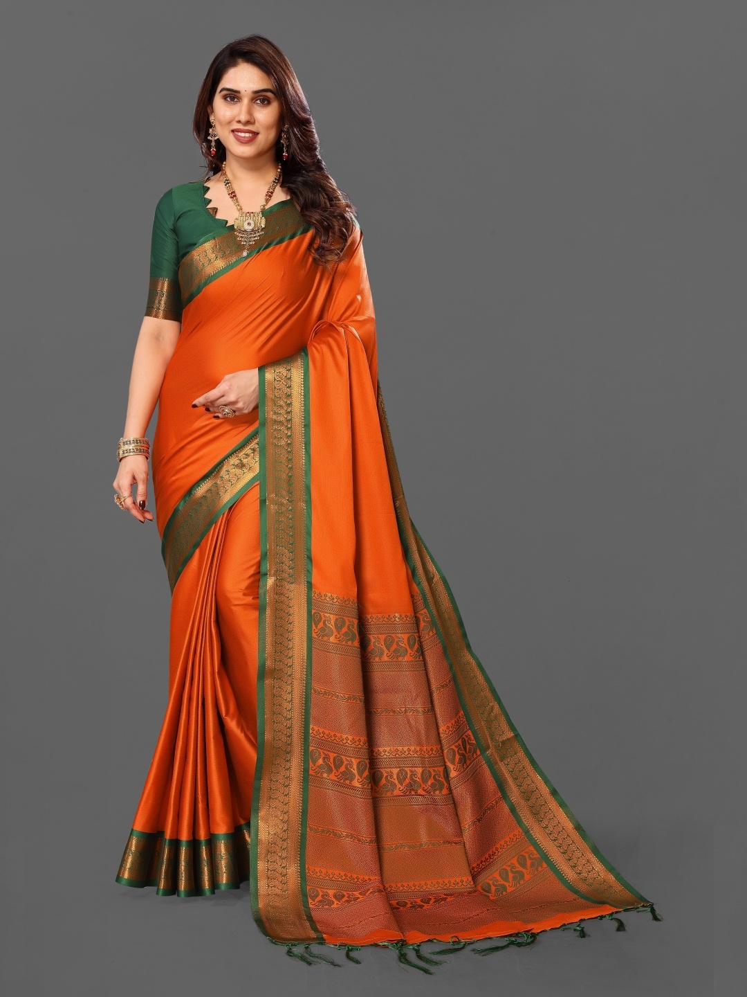 

Paramparik Textile Woven Design Zari Ikat Saree, Orange