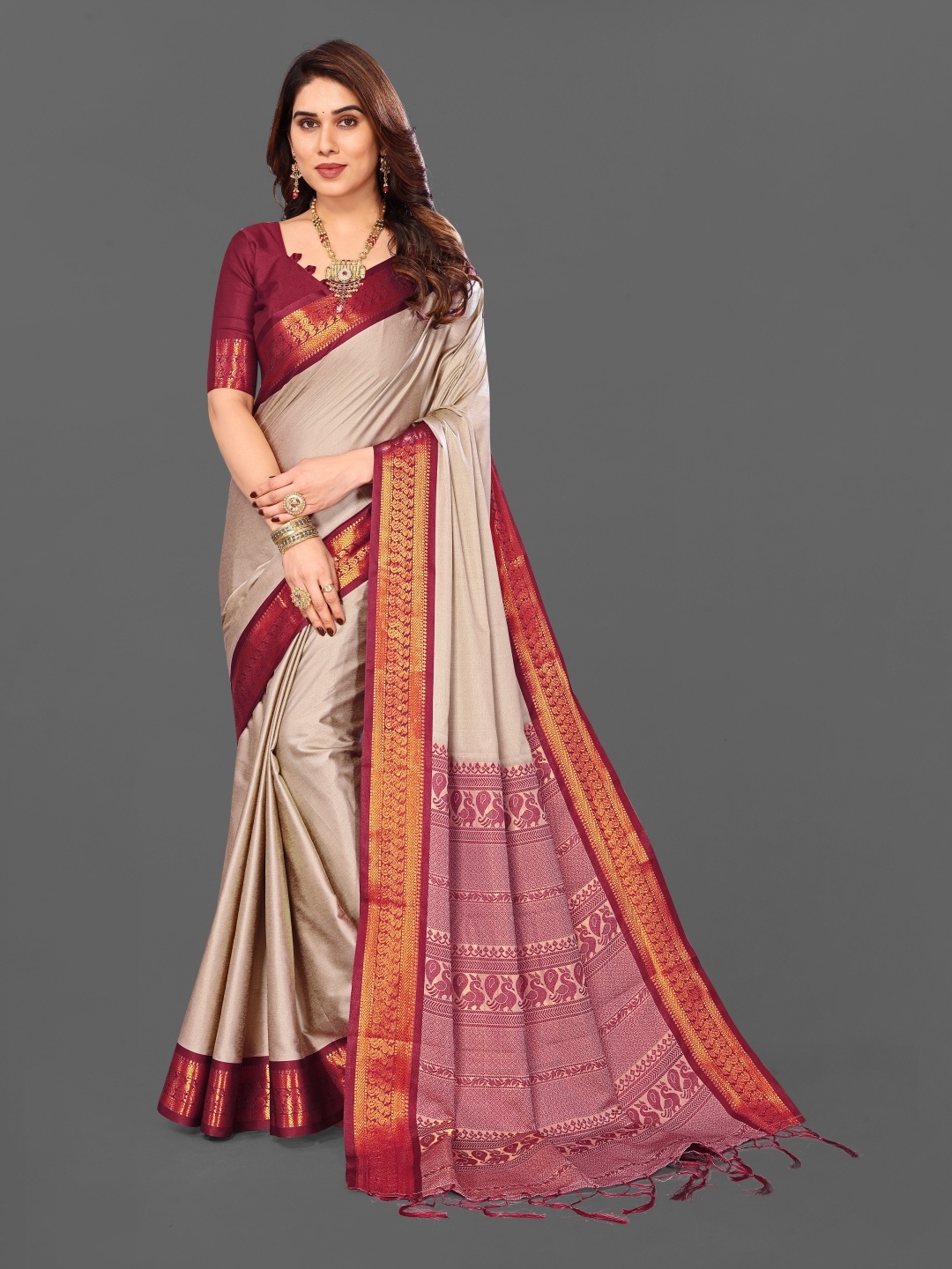 

Paramparik Textile Woven Design Zari Ikat Saree, Beige