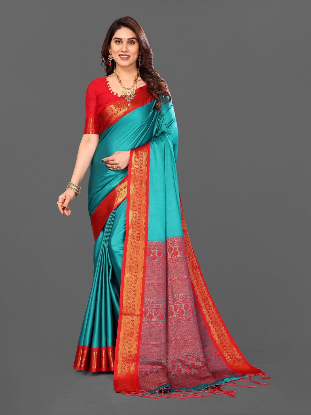 

Paramparik Textile Woven Design Zari Ikat Saree, Turquoise blue