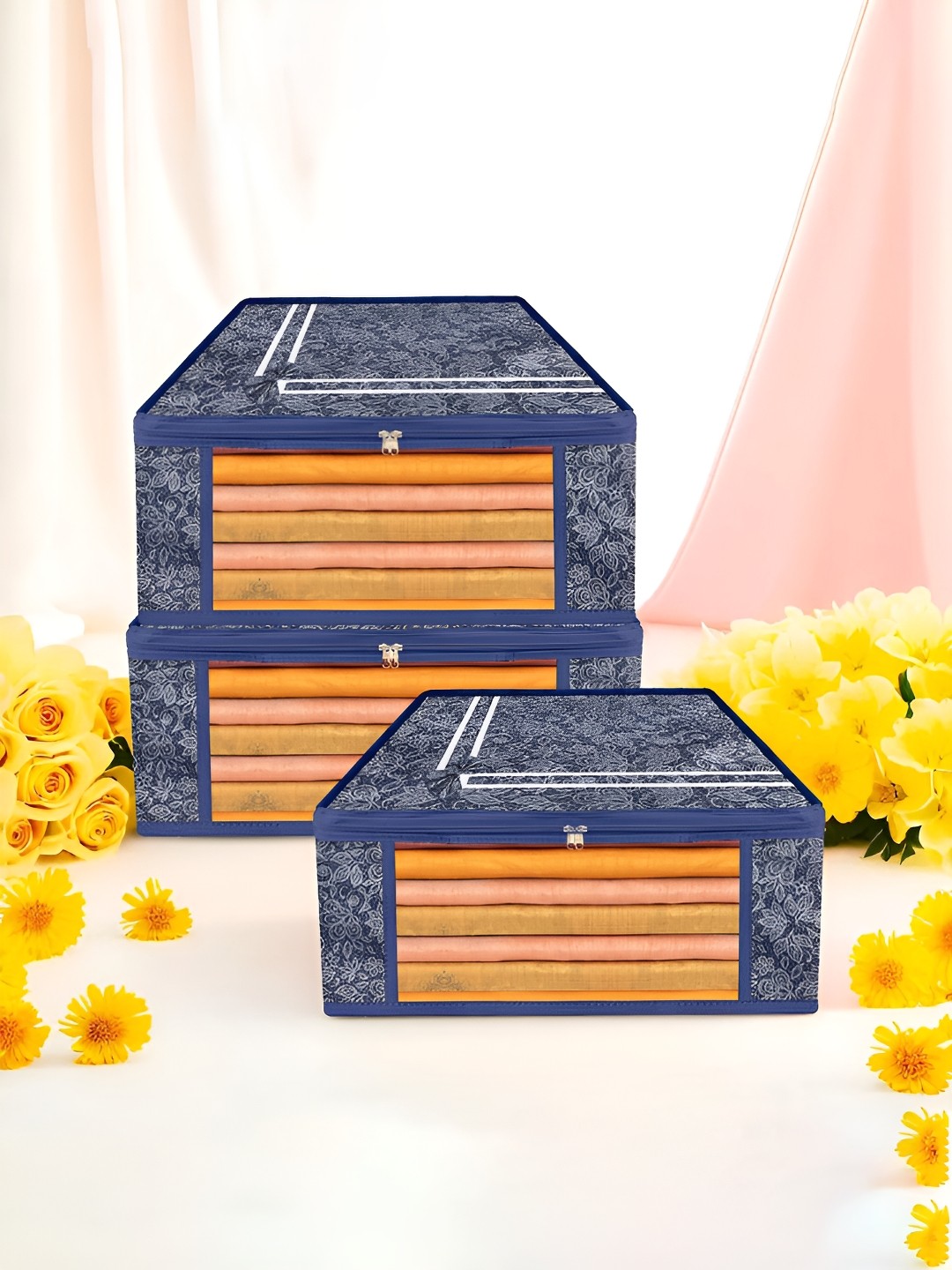

Kuber Industries Navy Blue 3 Pieces Printed Drawer Organiser