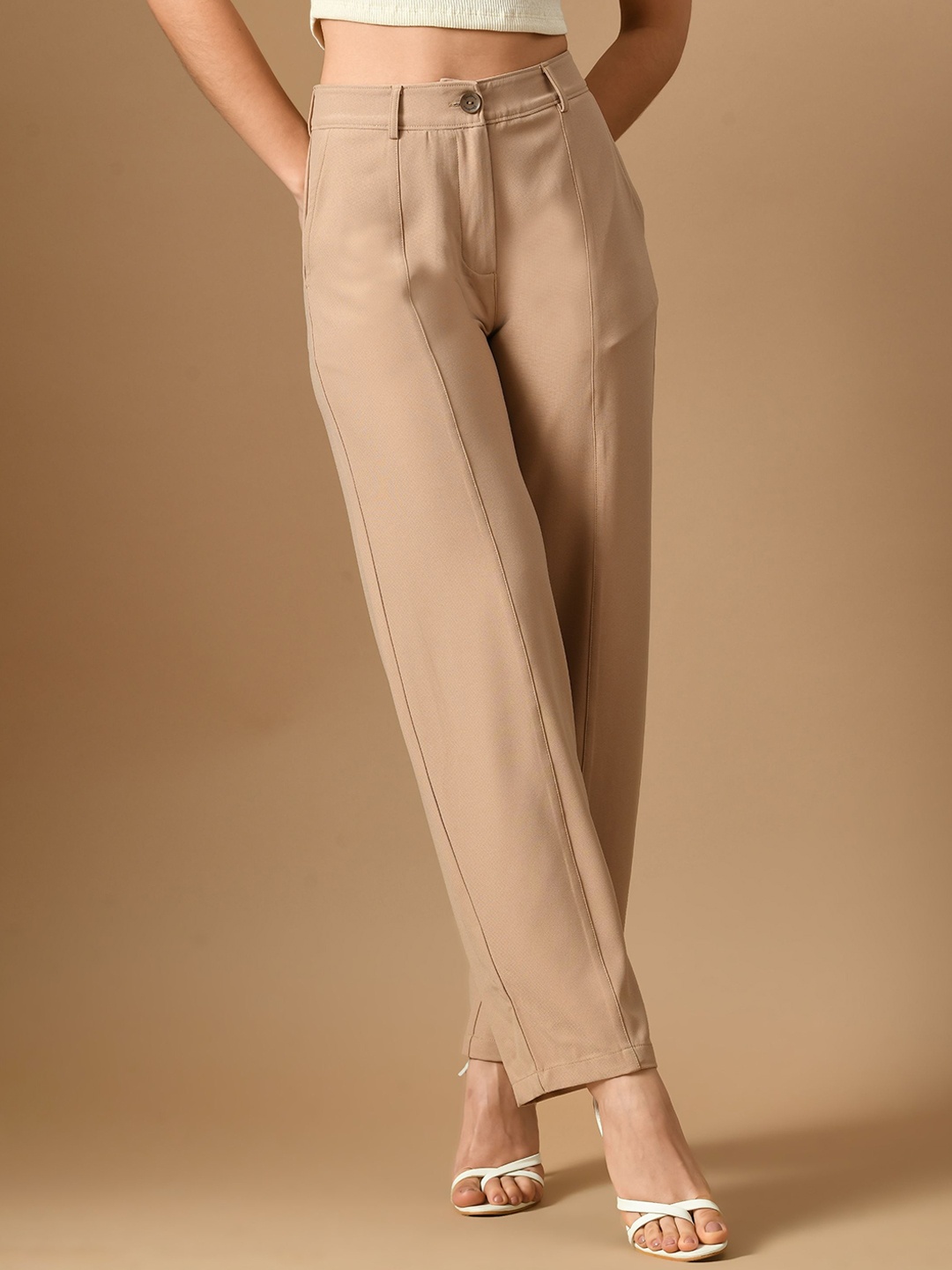 

PANDORNA Women Relaxed High-Rise Loose Fit Trousers, Beige