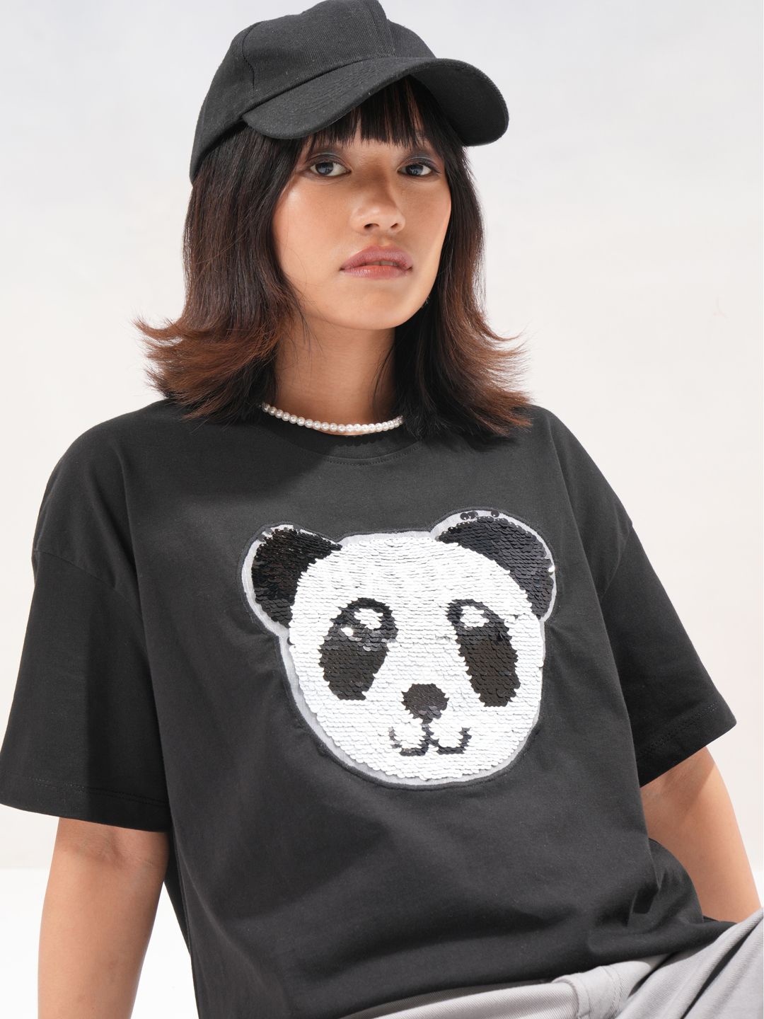 

Street By Tokyo Talkies Women Embellished Cotton Boxy T-shirt, Black