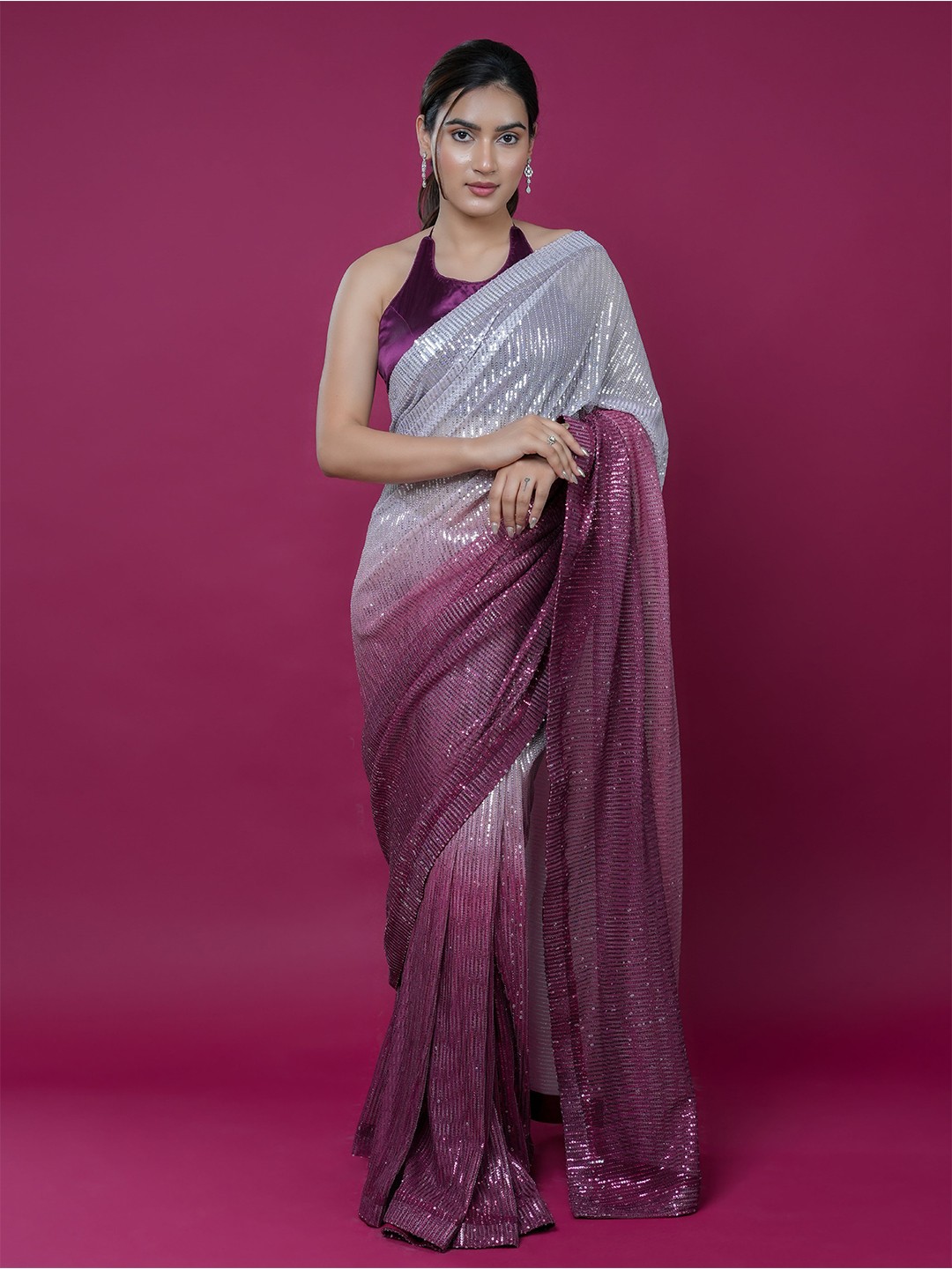 

ALIYANA Ombre Embellished Sequinned Net Saree, Burgundy