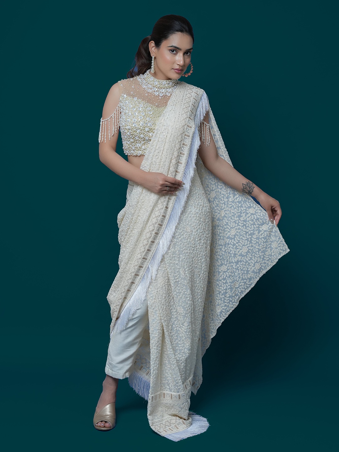 

ALIYANA Embroidered Beads and Stones Pure Georgette Pant Saree, Off white