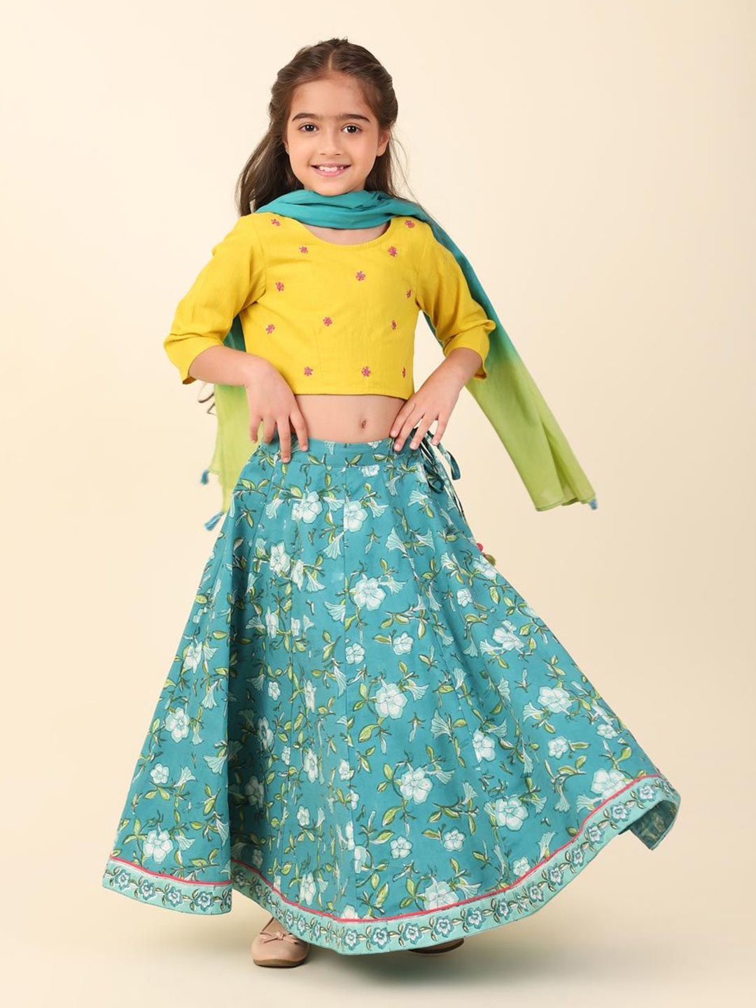 

Fabindia Girls Printed Cotton Ready to Wear Lehenga & Blouse With Dupatta, Teal