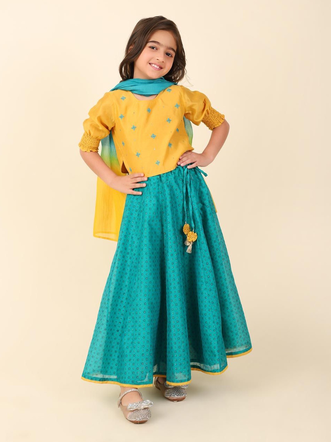 

Fabindia Girls Embroidered Sequinned Cotton Ready to Wear Lehenga & Blouse With Dupatta, Teal