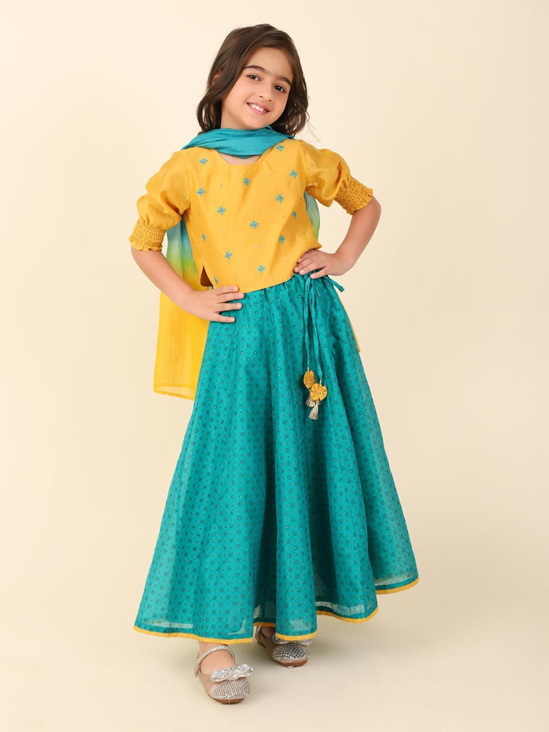 

Fabindia Girls Printed Cotton Silk Ready to Wear Lehenga & Blouse With Dupatta, Teal