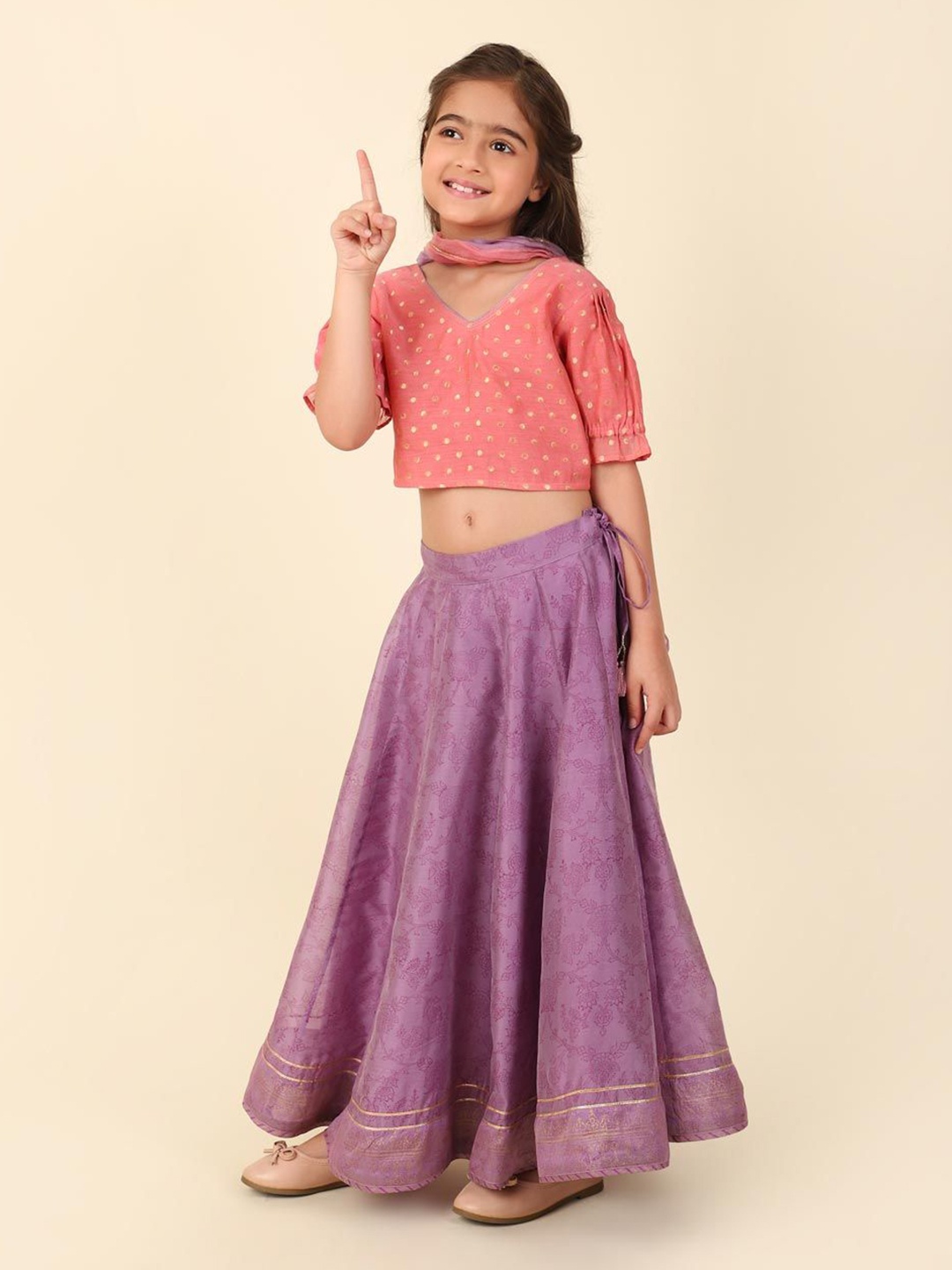 

Fabindia Girls Printed Cotton Silk Ready to Wear Lehenga & Blouse With Dupatta, Lavender