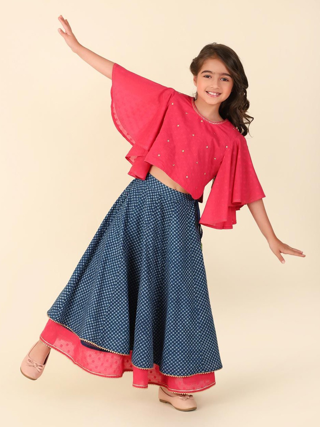 

Fabindia Girls Printed Sequinned Cotton Ready to Wear Lehenga With Blouse, Blue