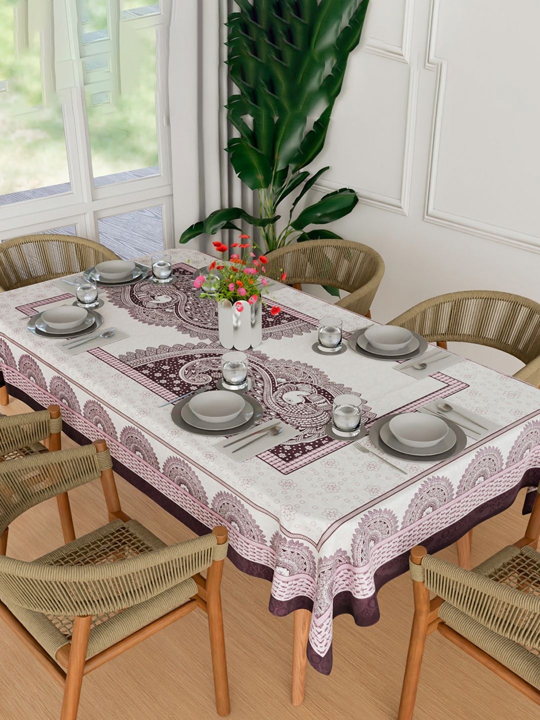 

Kuber Industries Purple & White Printed Anti-Skid Cotton 6-Seater Table Cover