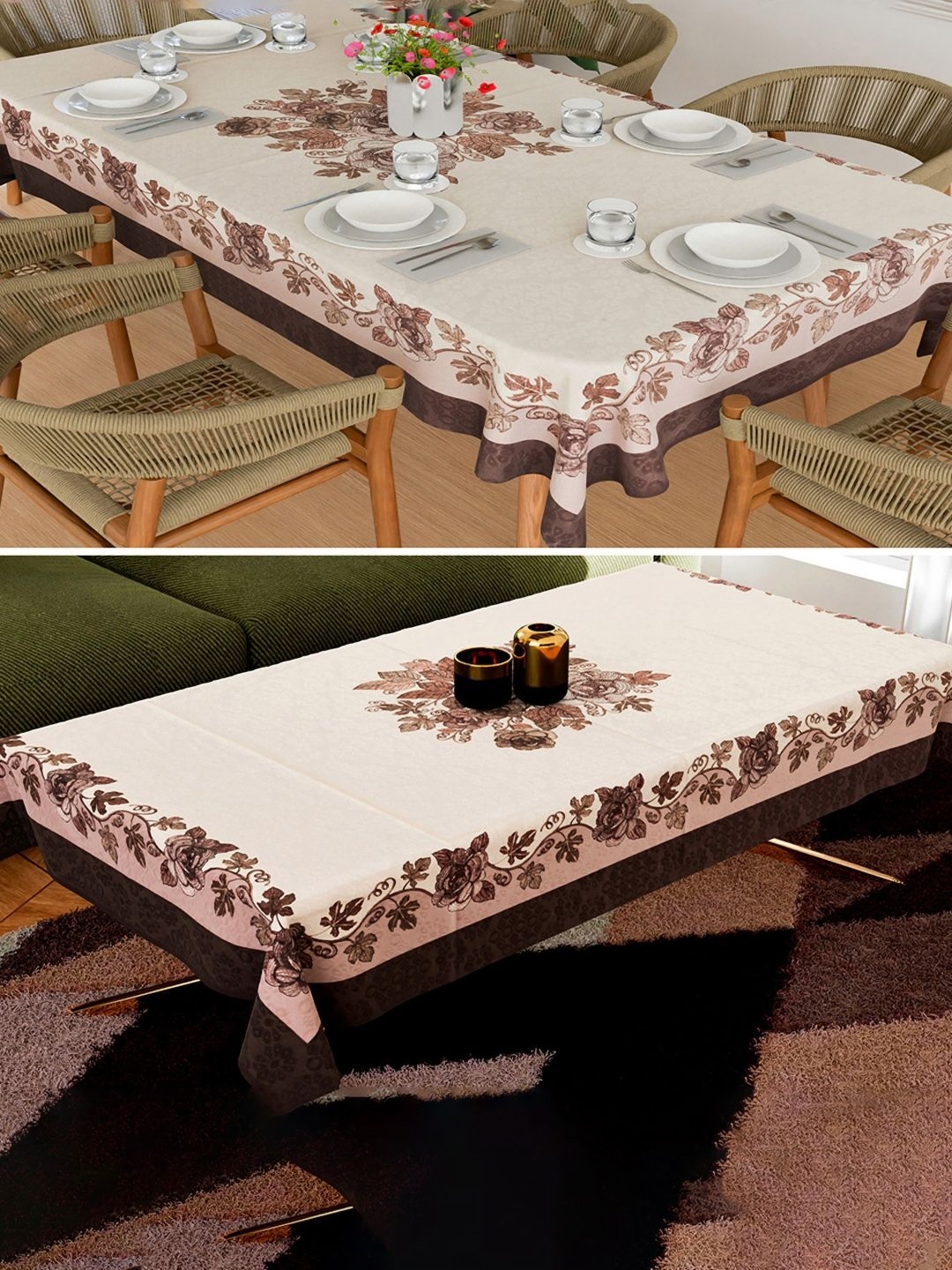 

Kuber Industries Brown 2 Pieces Floral Embroidery Anti-Skid Cotton 8-Seater Table Covers