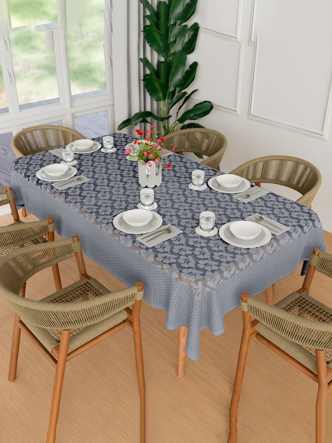 

Kuber Industries Grey Floral Anti-Skid Cotton 6-Seater Table Cover