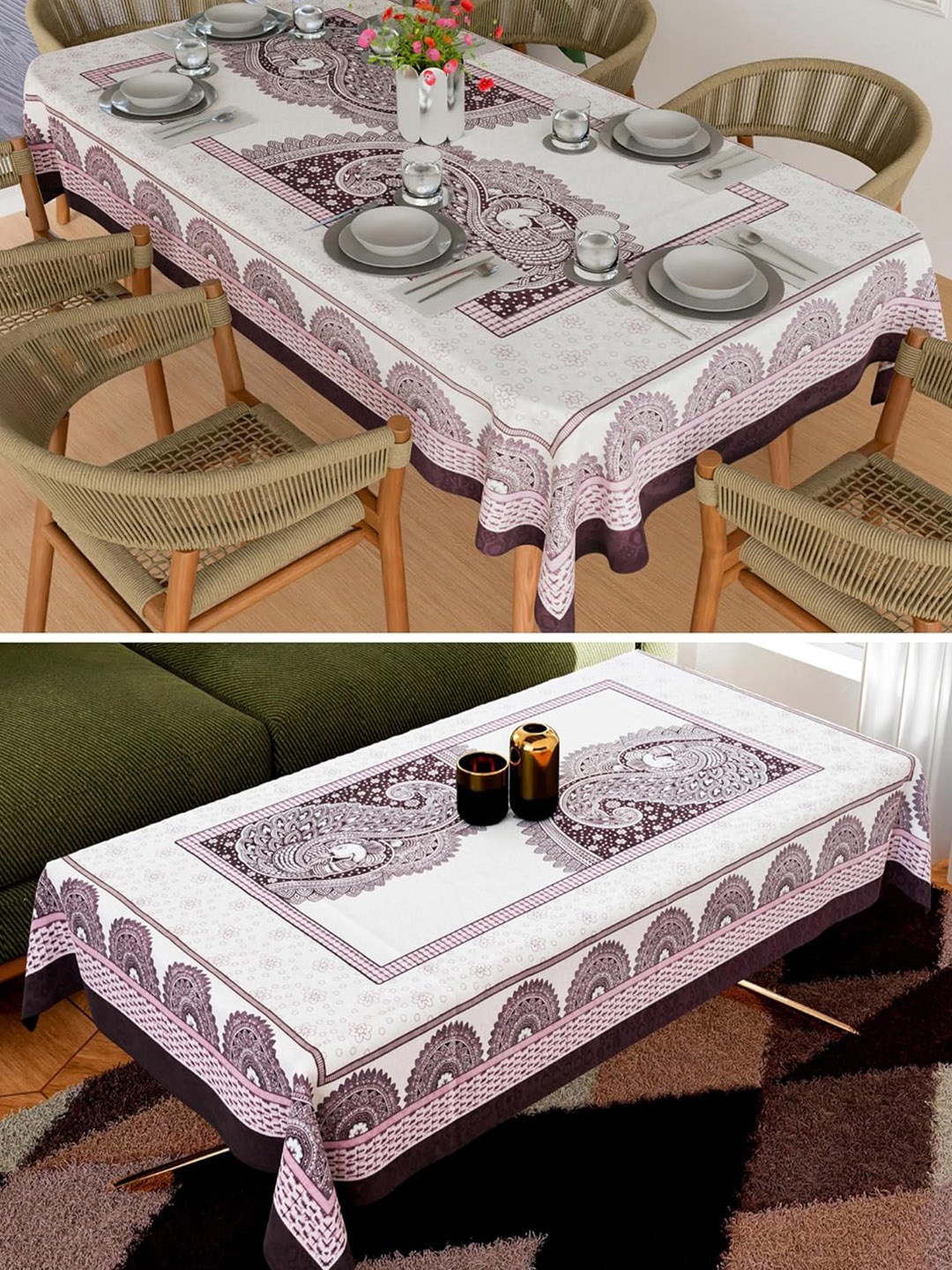 

Kuber Industries White & Purple 2 Pieces Printed Anti Skid Cotton Rectangle Table Covers