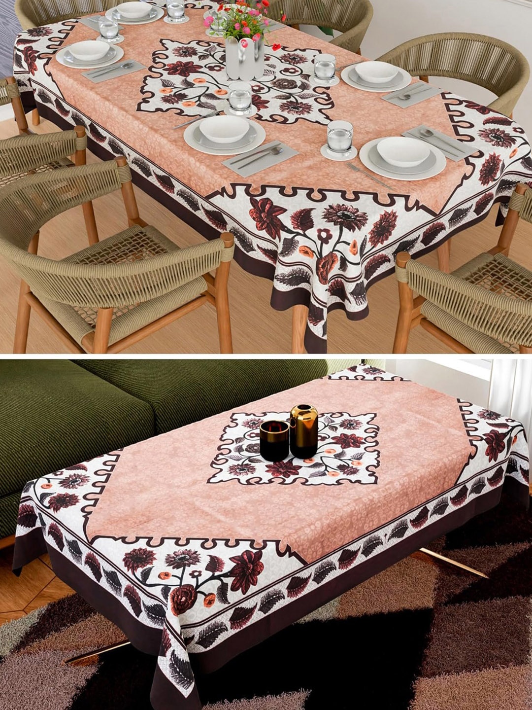 

Kuber Industries Brown 2 Pieces Floral Printed Anti Skid Cotton Rectangle Table Cover