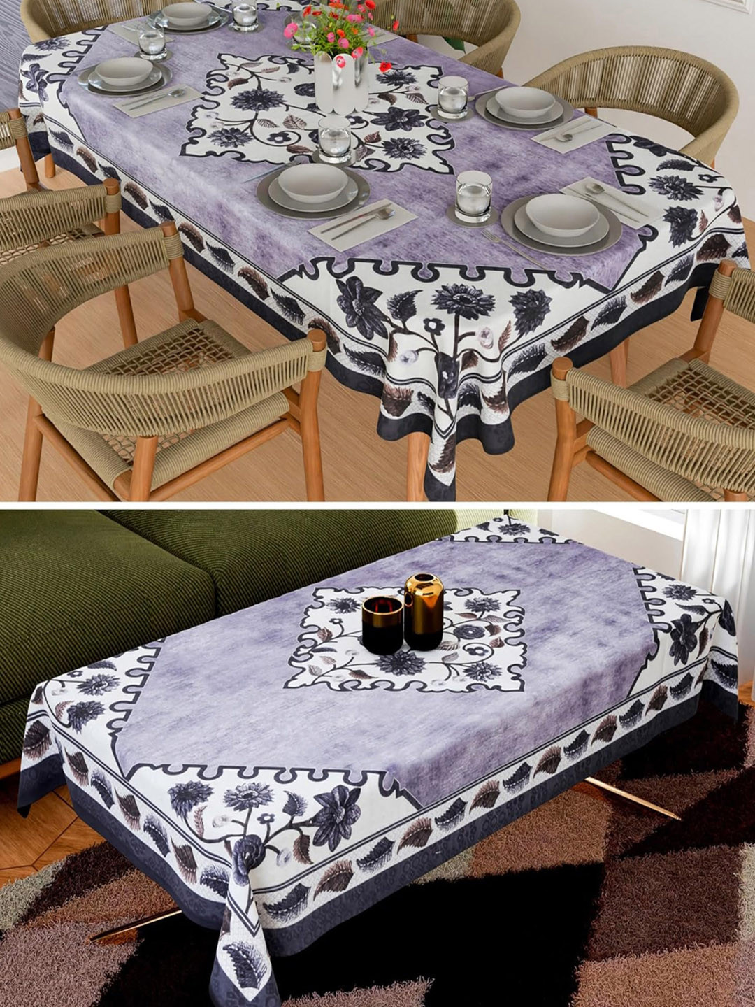 

Kuber Industries White 2 Pieces Floral Printed Anti Skid Cotton Rectangle Table Cover