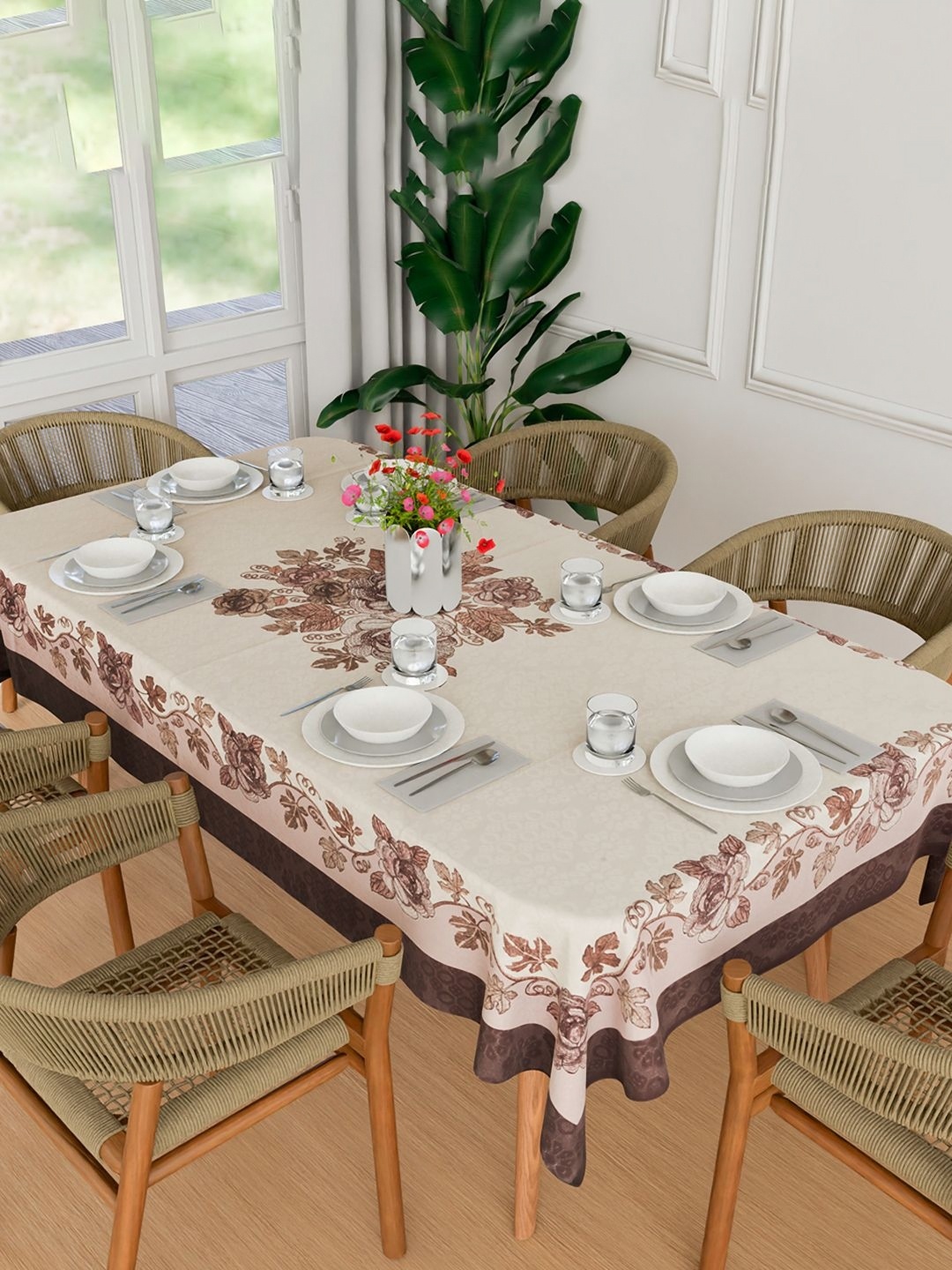 

Kuber Industries Cream Floral Embroidered Anti Skid Cotton Rectangle Table Cover