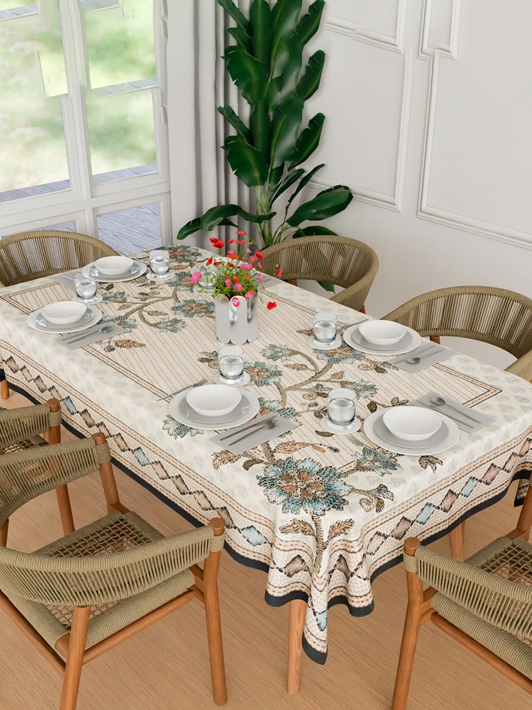 

Kuber Industries Beige Floral Embroidered Anti Skid Cotton Rectangle Table Cover