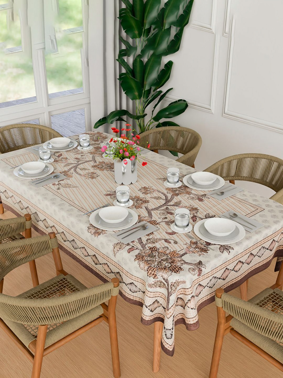 

Kuber Industries Cream Floral Embroidered Anti Skid Cotton Rectangle Table Cover