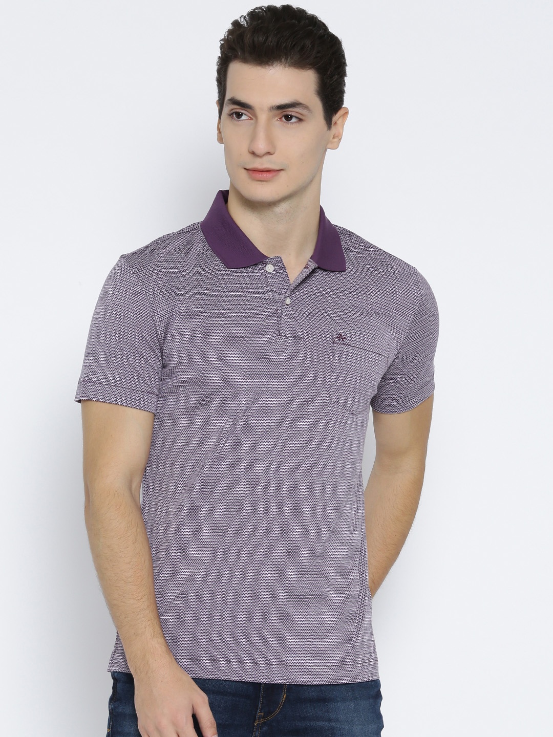 

Arrow Men Purple Self Design Polo Collar T-shirt