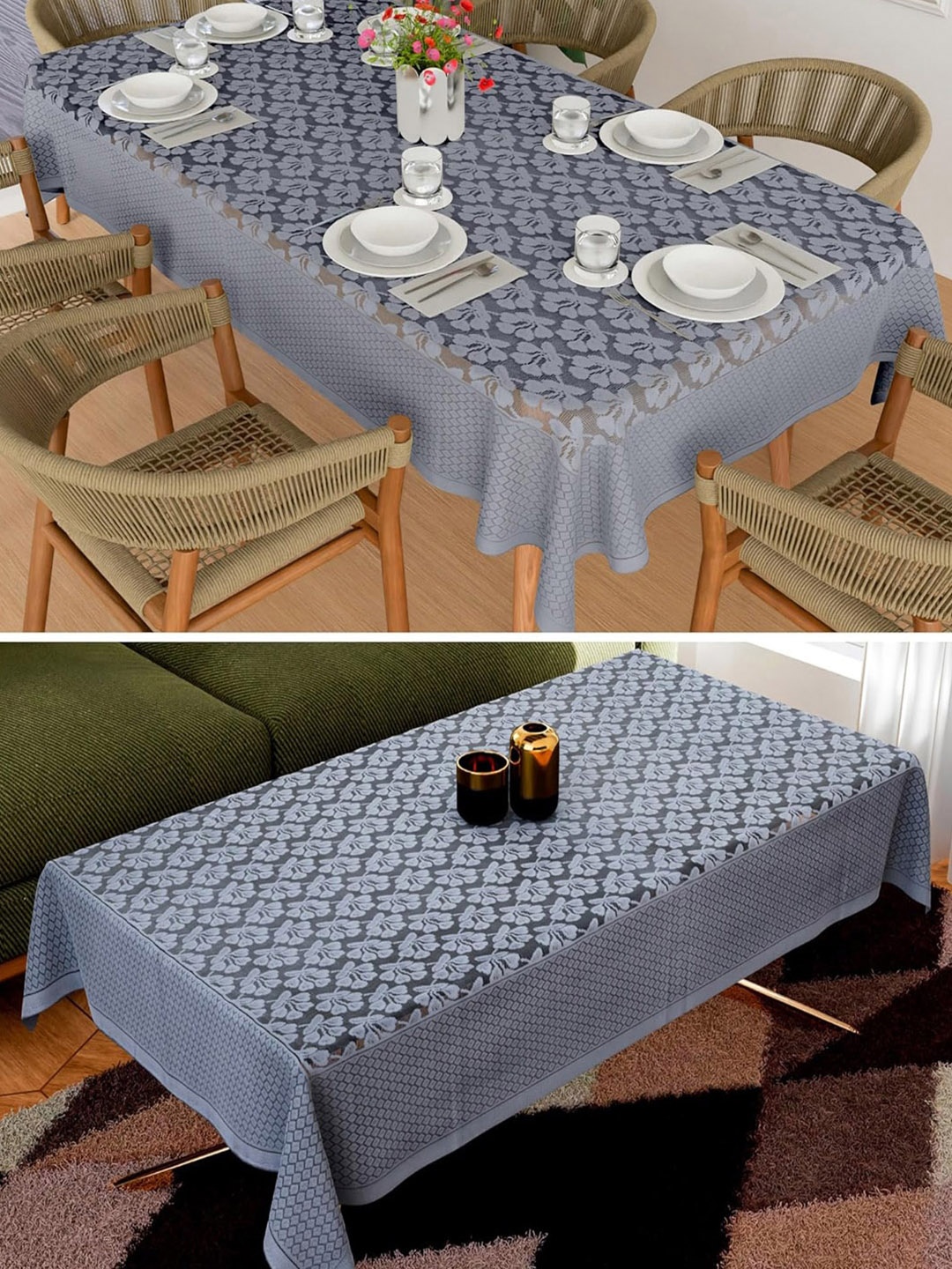 

Kuber Industries Grey 2 Pieces Floral Embroidered Anti Skid Cotton Rectangle Table Covers