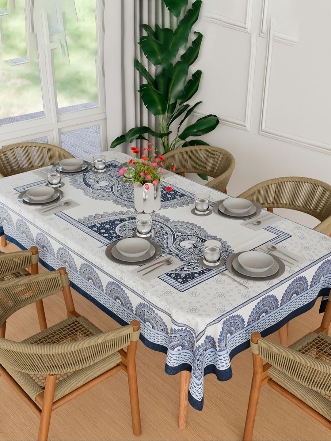 

Kuber Industries Off White Ethnic Motifs Printed Anti Skid Cotton Rectangle Table Cover